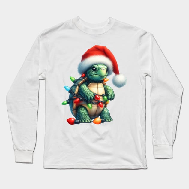 Turtle Wrapped In Christmas Lights Long Sleeve T-Shirt by Chromatic Fusion Studio